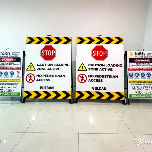 Signarama Springwood custom A-frame signage created for Vulcan Steel Carole Park, featuring durable portable signage designed for industrial and commercial site messaging.
