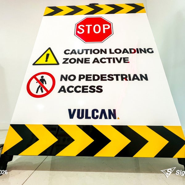 Signarama Springwood custom A-frame signage created for Vulcan Steel Carole Park, featuring durable portable signage designed for industrial and commercial site messaging.