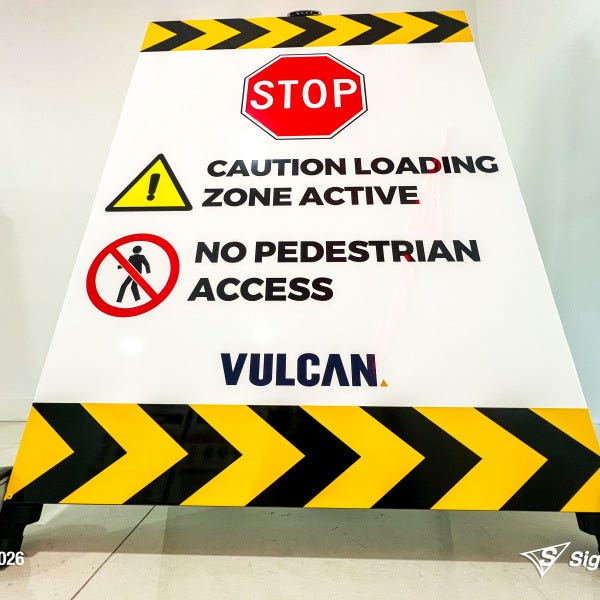 Signarama Springwood custom A-frame signage created for Vulcan Steel Carole Park, featuring durable portable signage designed for industrial and commercial site messaging.