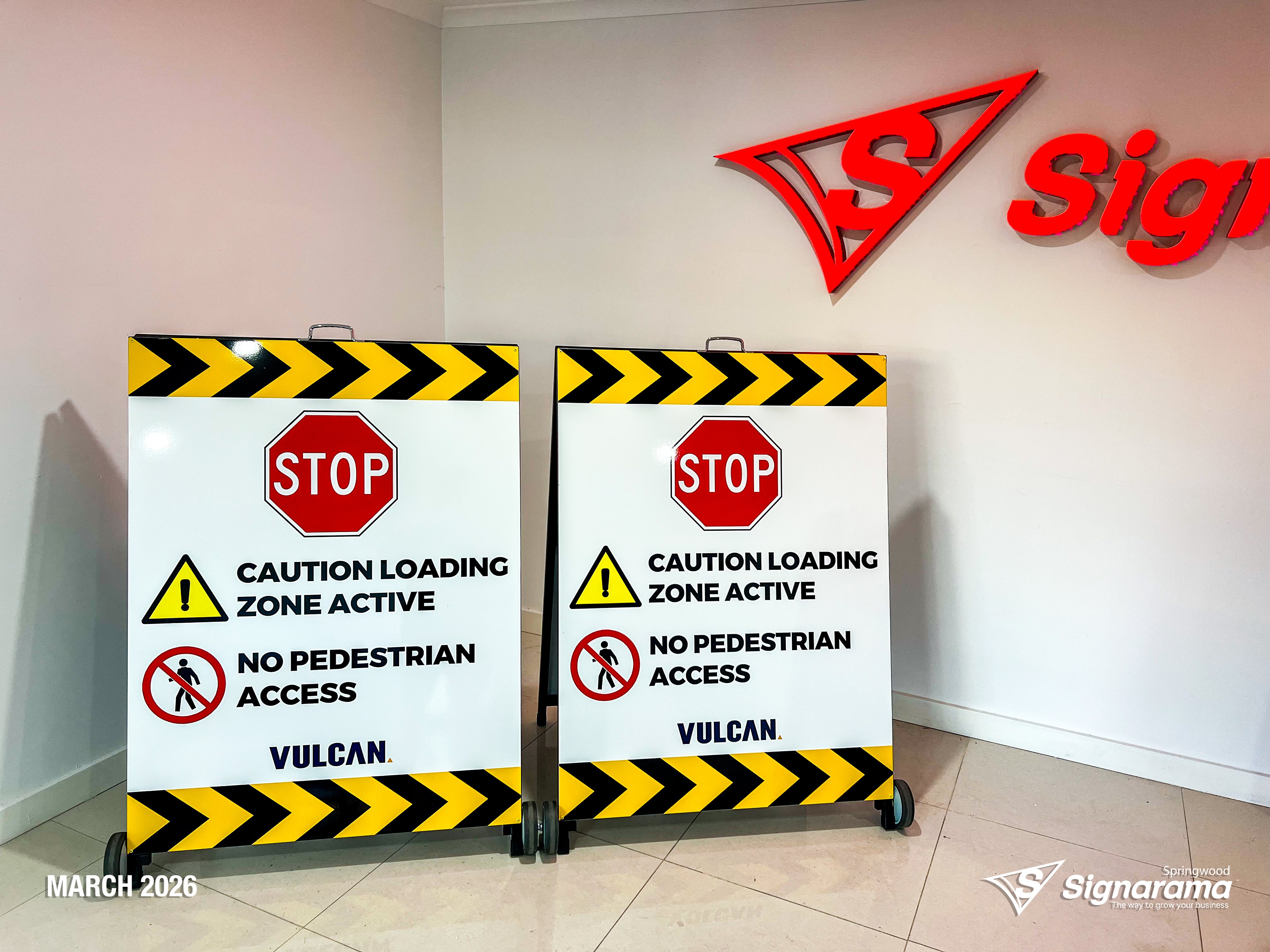 Signarama Springwood custom A-frame signage created for Vulcan Steel Carole Park, featuring durable portable signage designed for industrial and commercial site messaging.