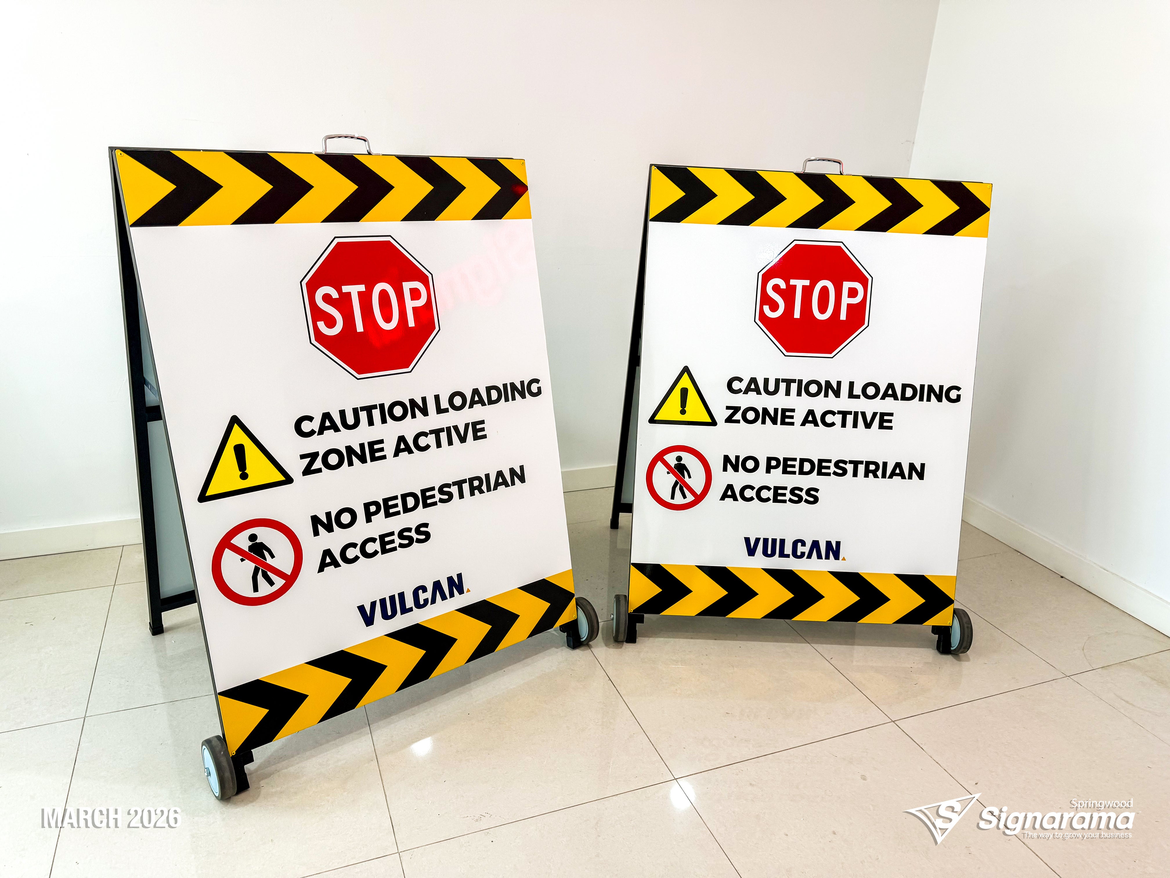 Signarama Springwood custom A-frame signage created for Vulcan Steel Carole Park, featuring durable portable signage designed for industrial and commercial site messaging.
