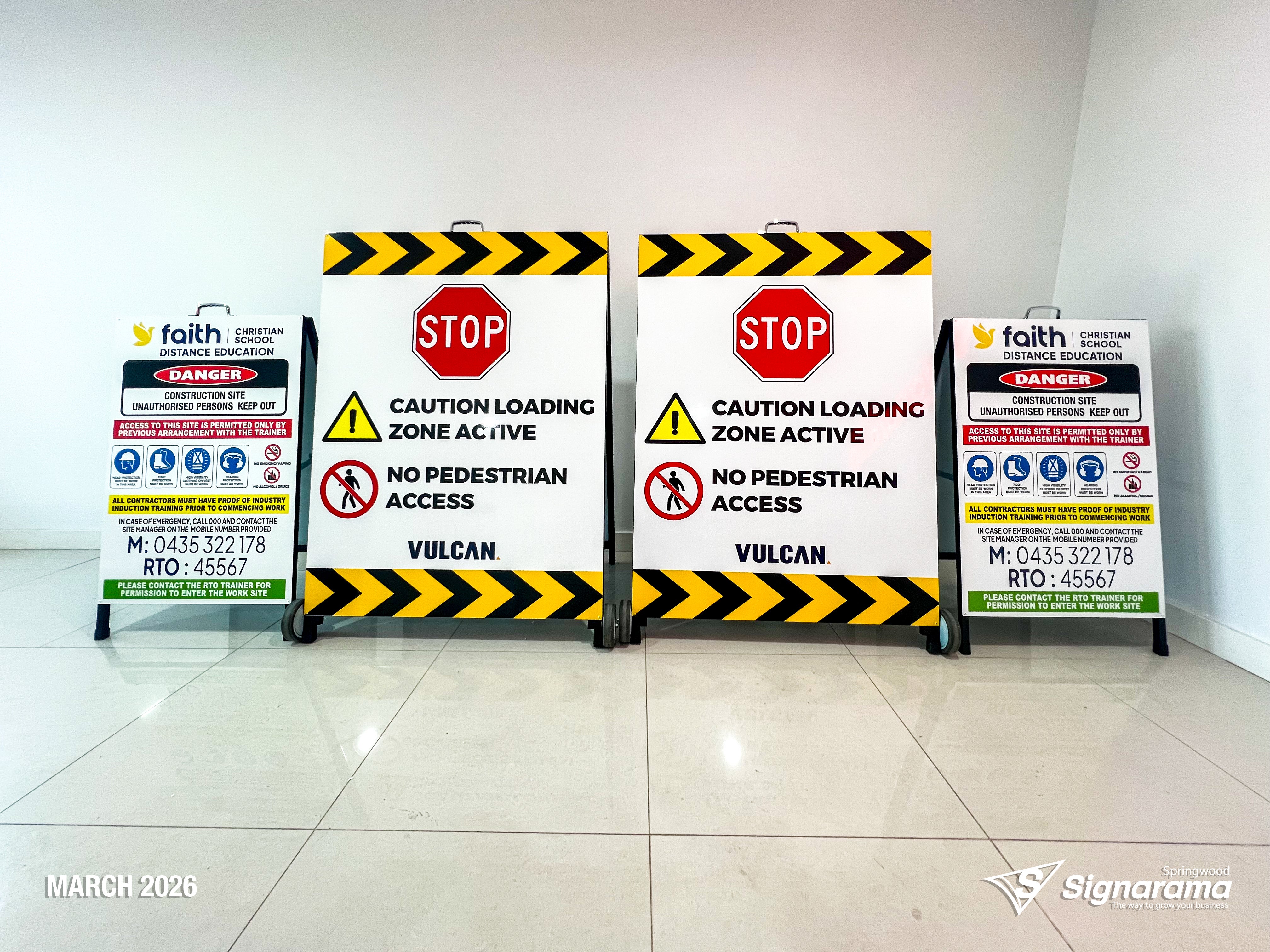Signarama Springwood custom A-frame signage created for Vulcan Steel Carole Park, featuring durable portable signage designed for industrial and commercial site messaging.