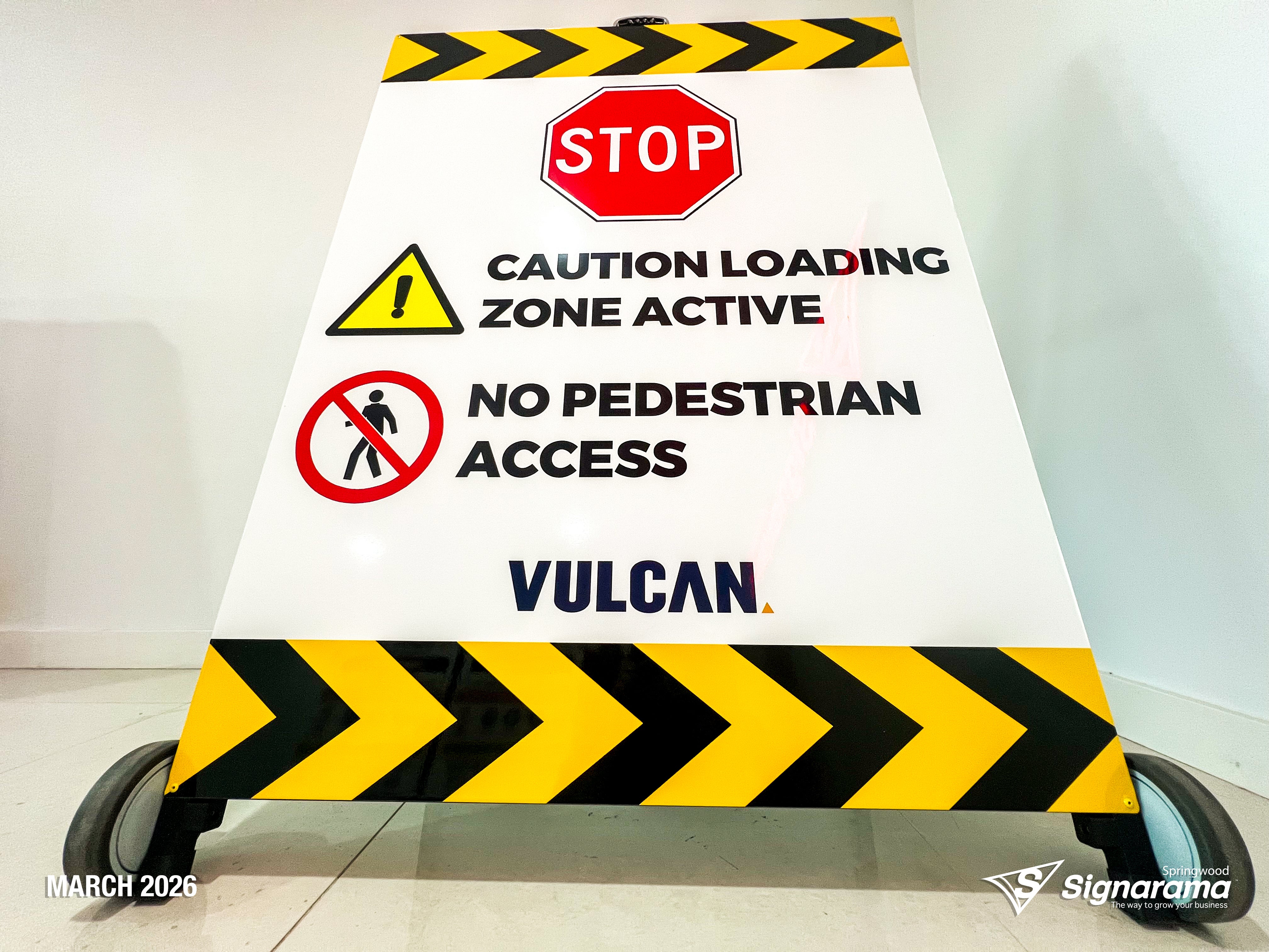 Signarama Springwood custom A-frame signage created for Vulcan Steel Carole Park, featuring durable portable signage designed for industrial and commercial site messaging.