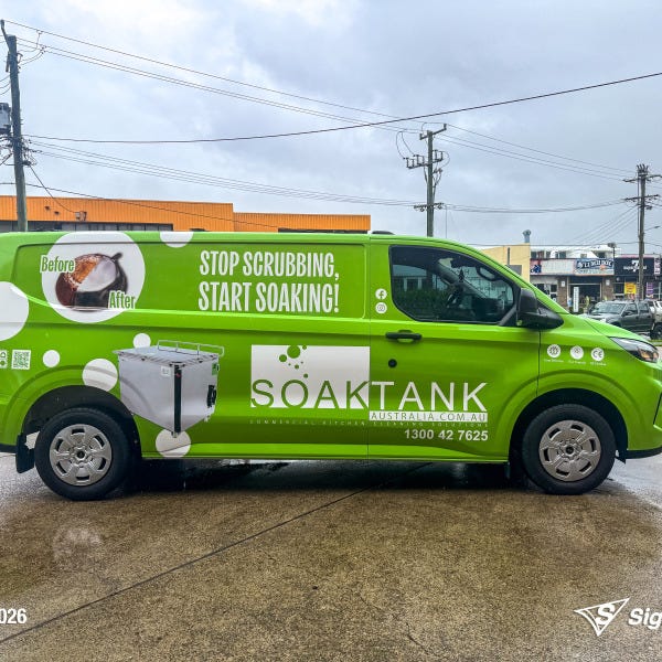 Signarama Springwood full van wrap installed for Soaktank Australia featuring vibrant custom vehicle graphics turning a work van into a mobile advertising solution.