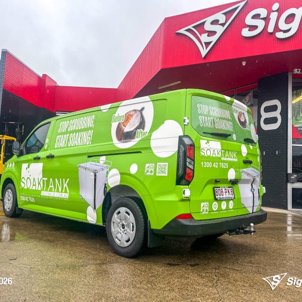 Signarama Springwood full van wrap installed for Soaktank Australia featuring vibrant custom vehicle graphics turning a work van into a mobile advertising solution.
