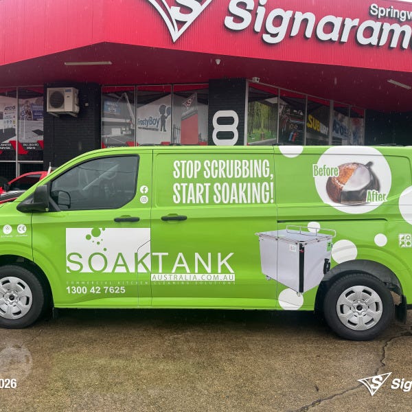 Signarama Springwood full van wrap installed for Soaktank Australia featuring vibrant custom vehicle graphics turning a work van into a mobile advertising solution.