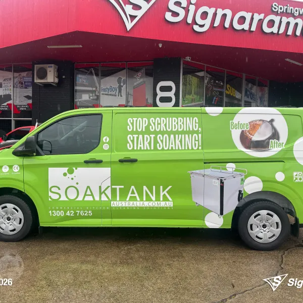 Signarama Springwood full van wrap installed for Soaktank Australia featuring vibrant custom vehicle graphics turning a work van into a mobile advertising solution.