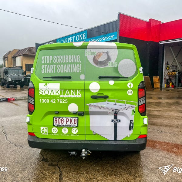 Signarama Springwood full van wrap installed for Soaktank Australia featuring vibrant custom vehicle graphics turning a work van into a mobile advertising solution.
