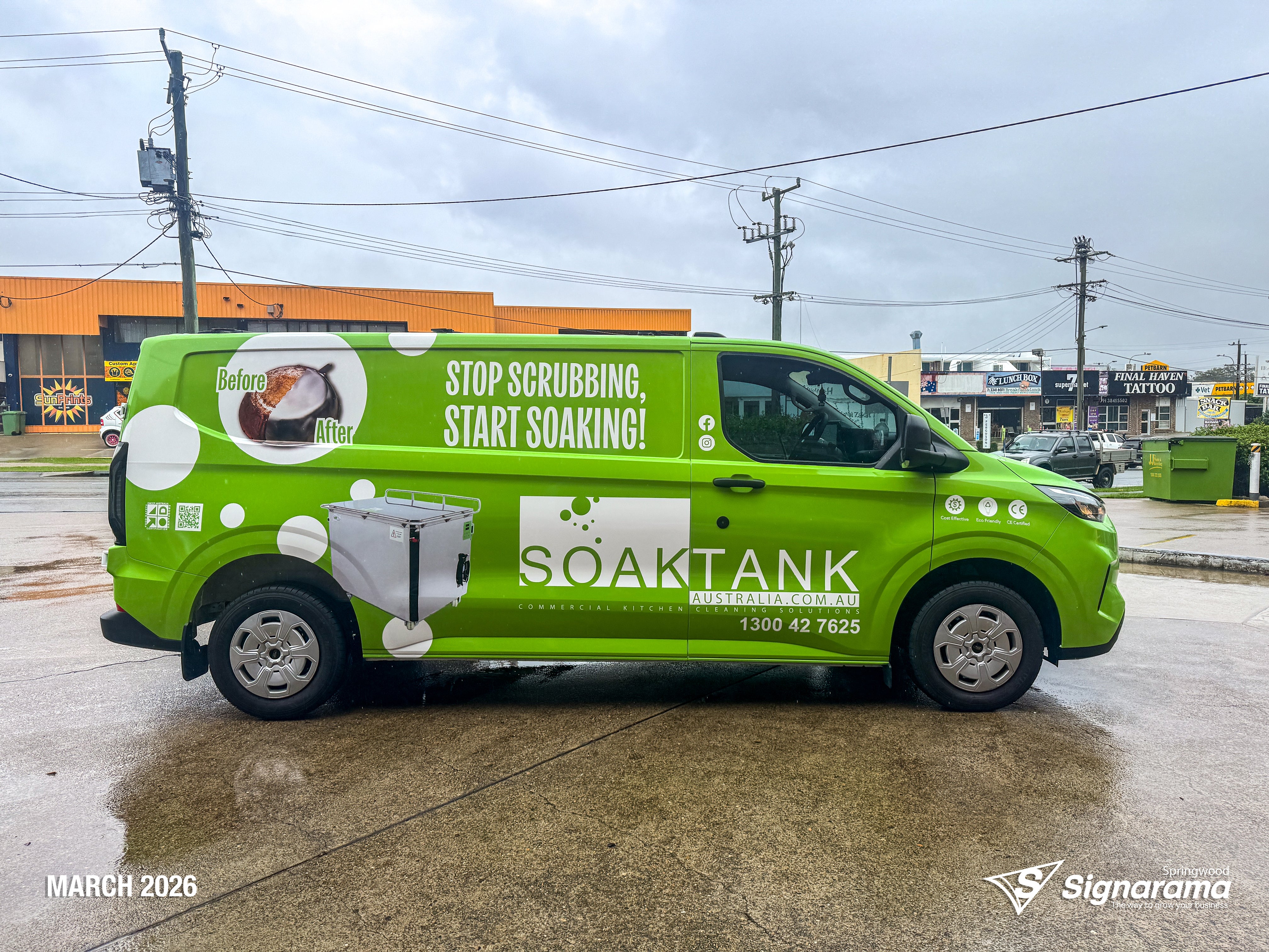 Signarama Springwood full van wrap installed for Soaktank Australia featuring vibrant custom vehicle graphics turning a work van into a mobile advertising solution.