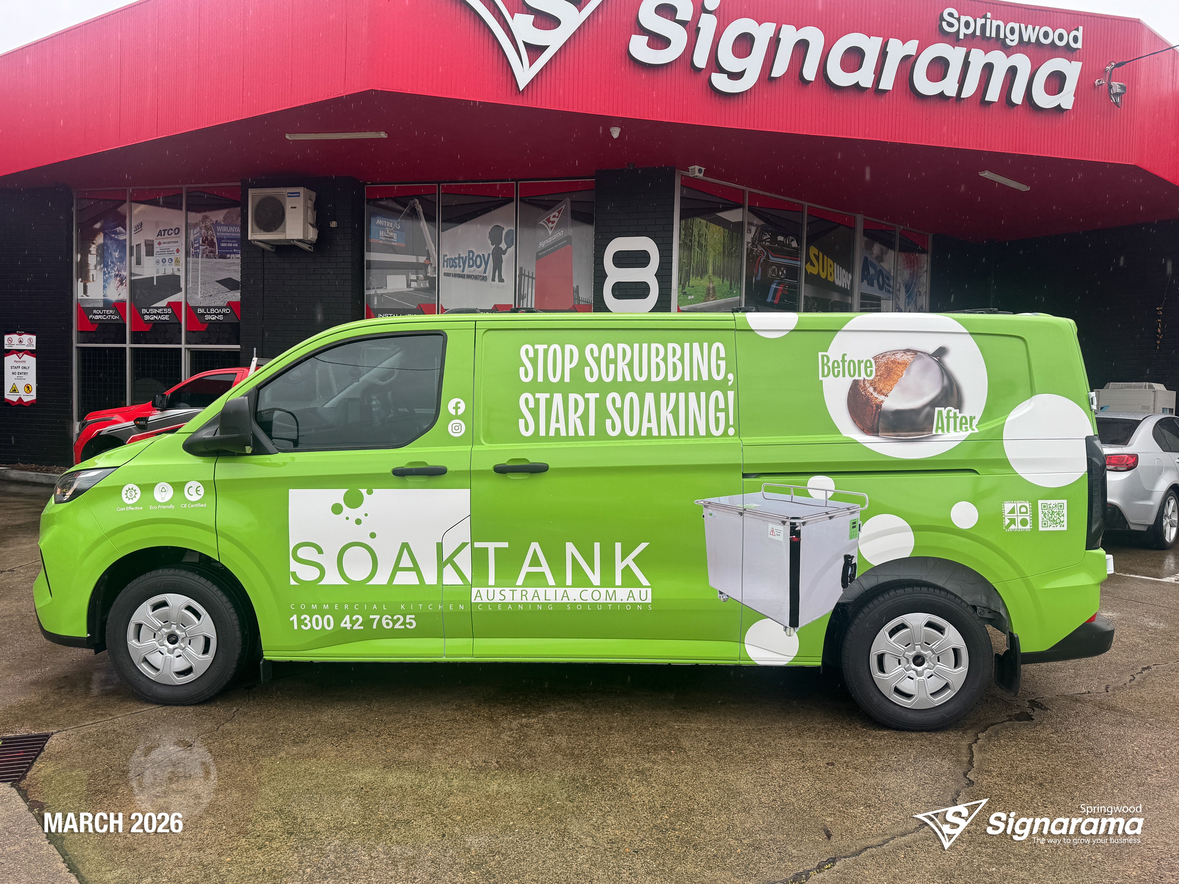 Signarama Springwood full van wrap installed for Soaktank Australia featuring vibrant custom vehicle graphics turning a work van into a mobile advertising solution.