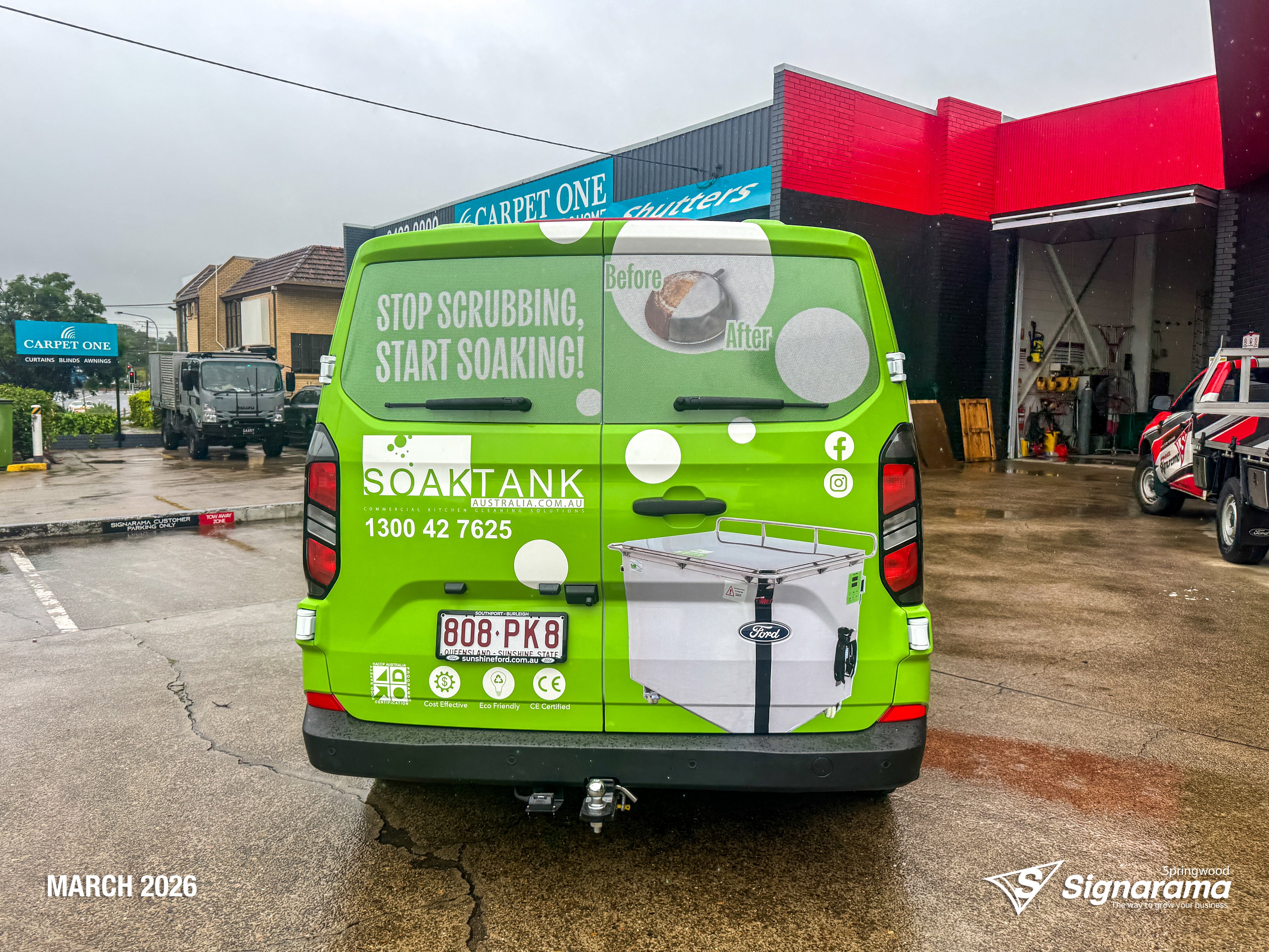 Signarama Springwood full van wrap installed for Soaktank Australia featuring vibrant custom vehicle graphics turning a work van into a mobile advertising solution.