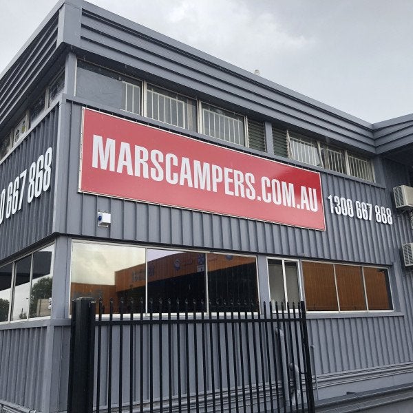 MARS Campers - 3D ACM letters, Window graphics and Sailtrack banners - Signage for new premises