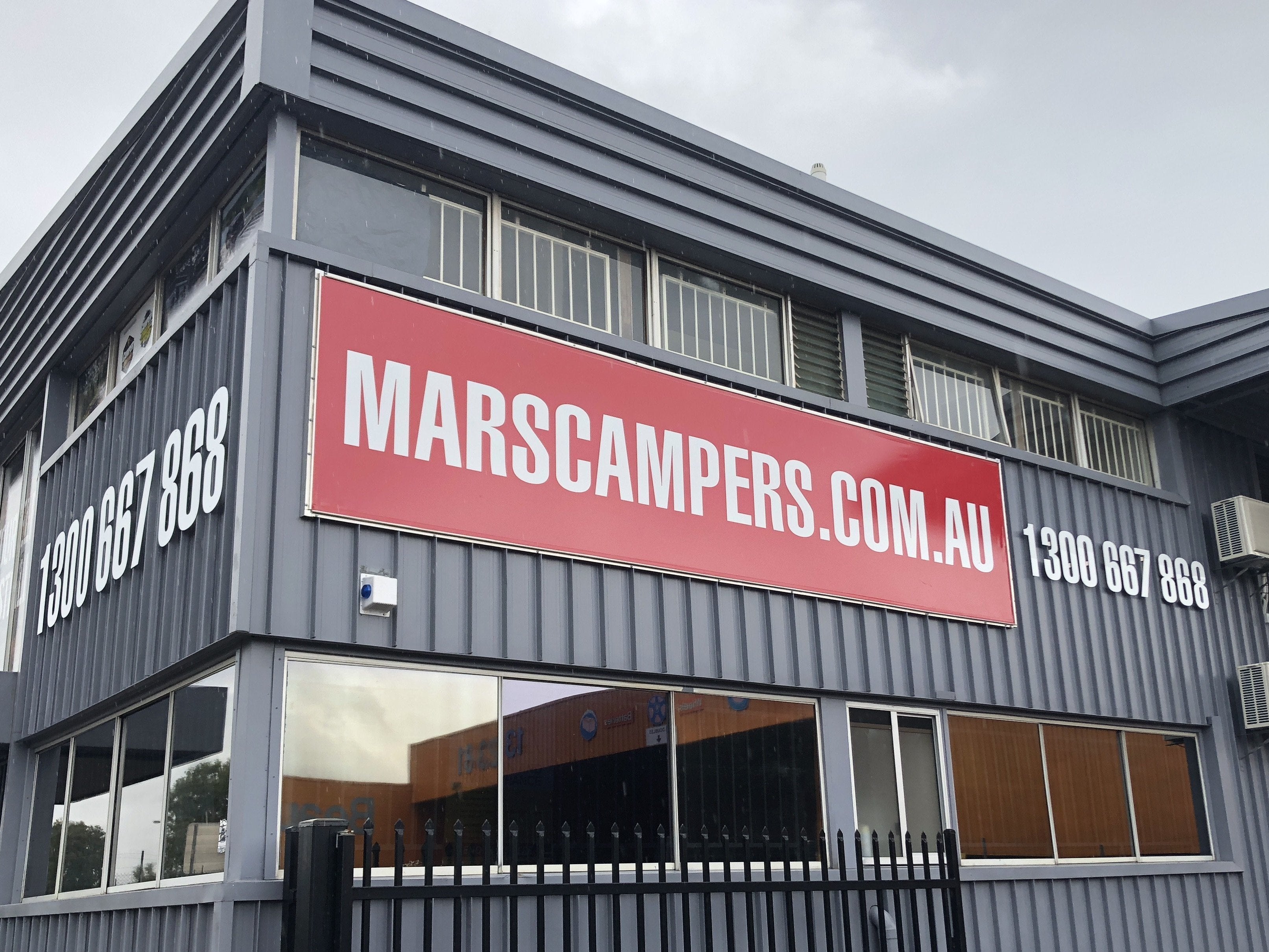 MARS Campers - 3D ACM letters, Window graphics and Sailtrack banners - Signage for new premises