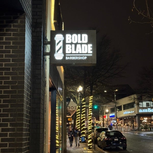 Custom Barbershop Blade Sign in Arlington VA | Bold Black & White Signage for Men’s Grooming Brand