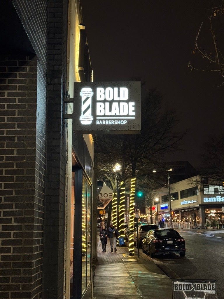 Custom Barbershop Blade Sign in Arlington VA | Bold Black & White Signage for Men’s Grooming Brand