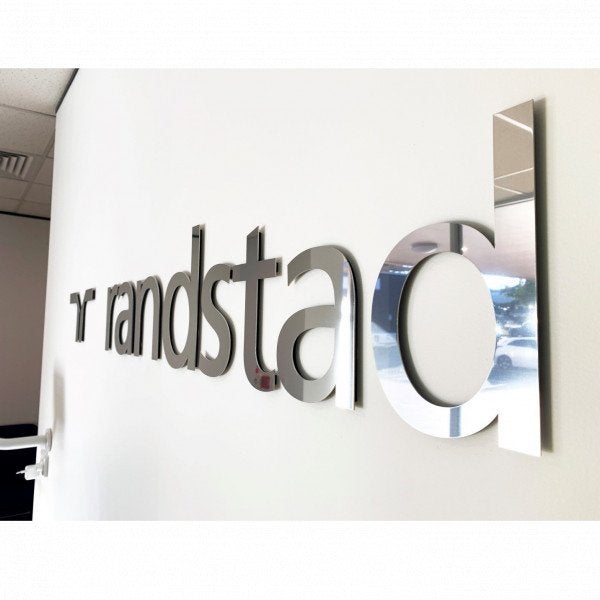 Metal Reception Sign 3D Chrome steel text on white wall