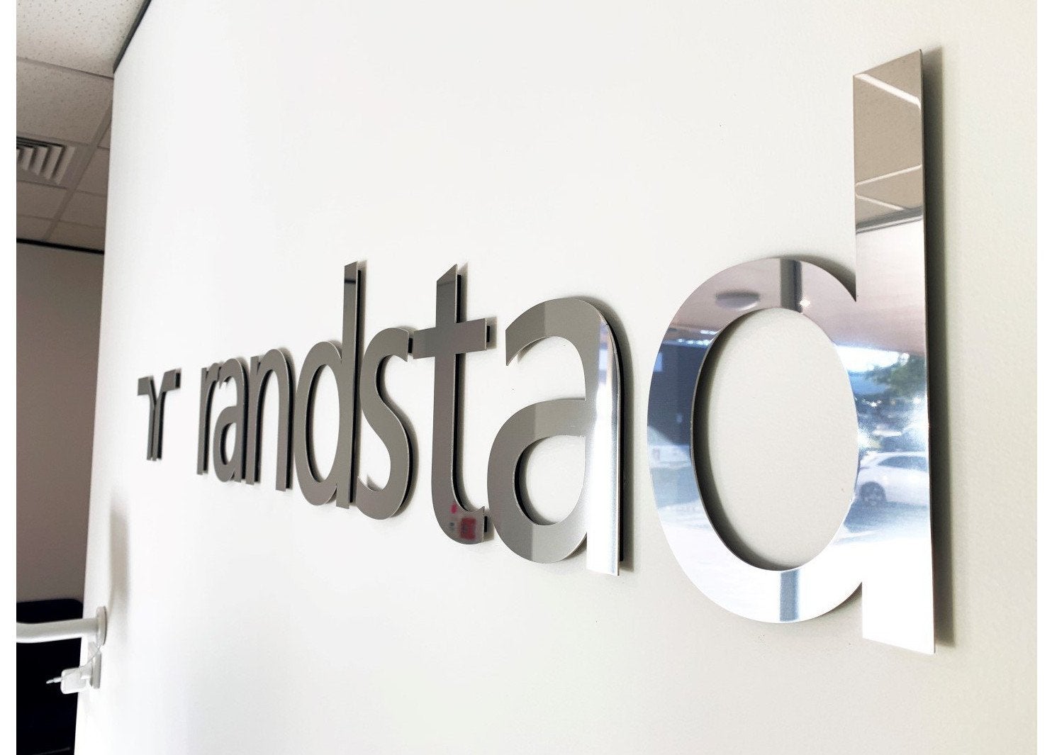 Metal Reception Sign 3D Chrome steel text on white wall