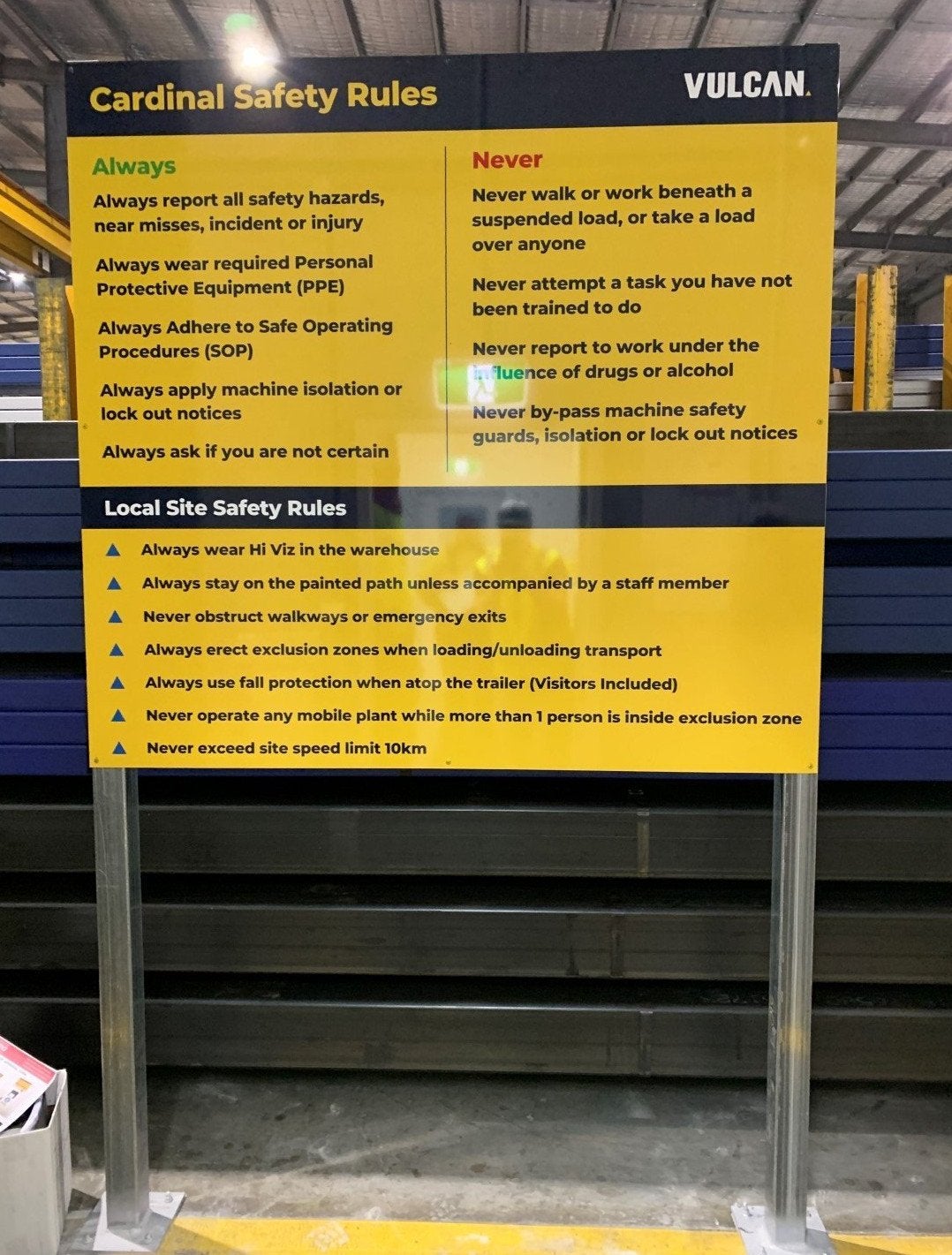 Metal Panel & Post Safety Sign in yellow with black writing | Signarama
