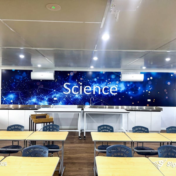 Signarama Springwood custom science classroom wall graphics created and installed at Kimberley College, transforming classroom walls with educational themed graphics.