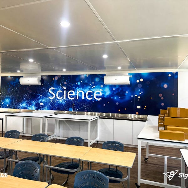 Signarama Springwood custom science classroom wall graphics created and installed at Kimberley College, transforming classroom walls with educational themed graphics.