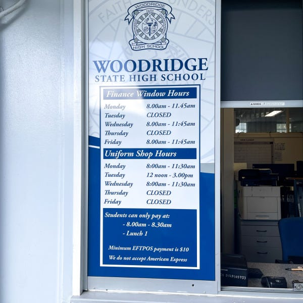 Window graphics replaced by Signarama Springwood at Woodridge State High School for Student Services and Finance offices, featuring clean frosted vinyl signage that improves privac...