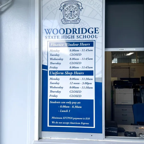 Window graphics replaced by Signarama Springwood at Woodridge State High School for Student Services and Finance offices, featuring clean frosted vinyl signage that improves privac...