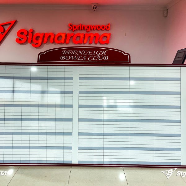 Custom magnetic whiteboard with ACM header created by Signarama Springwood for Beenleigh Bowls Club, featuring a durable and professional display solution for schedules and informa...