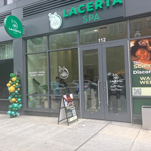 Grand Opening Window Graphics for Lacerta Spa in Washington DC | Privacy Perforated & Frosted Vinyl Installation