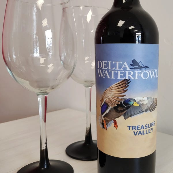 Custom printed wine label for Delta Waterfowl Treasure Valley red wine bottle with duck illustration
