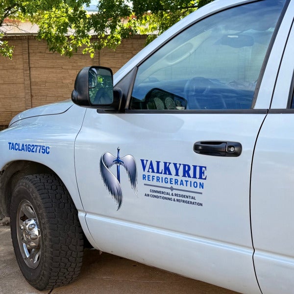 Fresh new truck decals installed for Valkyrie Refrigeration done by Signarama North Fort Worth/Keller