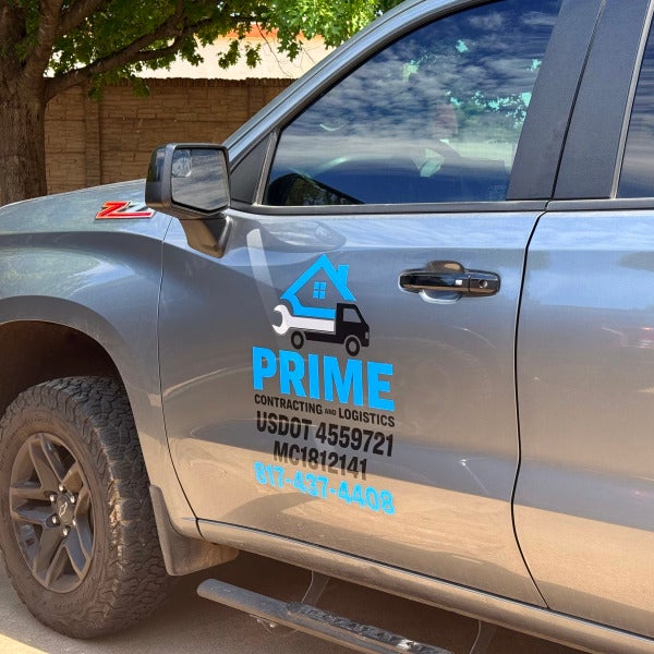 Custom vehicle decals for Prime Contracting and Logistics done by Signarama North Fort Worth/ Keller