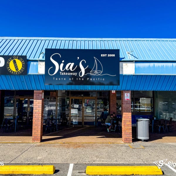 ACM shopfront sign designed and installed by Signarama Springwood for Sia's Takeaway, featuring bold and durable signage for improved street visibility