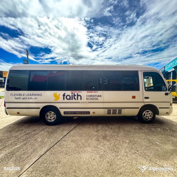 Bus and vehicle graphics designed and installed by Signarama Springwood for Faith Christian School Flexible Learning, including Toyota Coaster buses and a Toyota Hilux with vibrant...