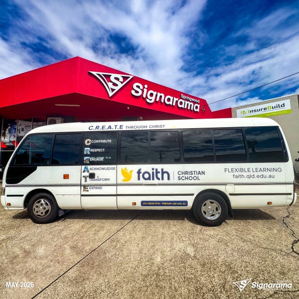 Bus and vehicle graphics designed and installed by Signarama Springwood for Faith Christian School Flexible Learning, including Toyota Coaster buses and a Toyota Hilux with vibrant...