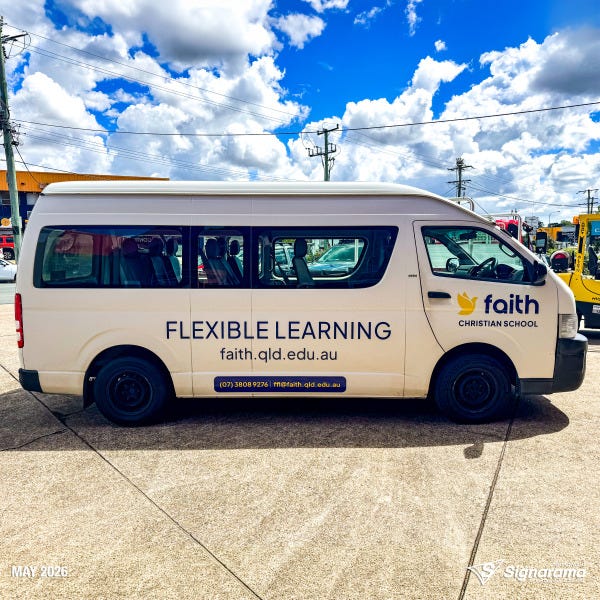 Bus and vehicle graphics designed and installed by Signarama Springwood for Faith Christian School Flexible Learning, including Toyota Coaster buses and a Toyota Hilux with vibrant...