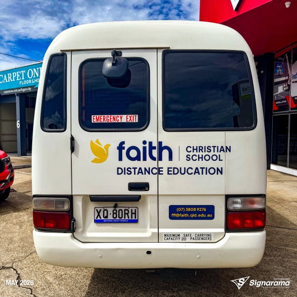 Bus and vehicle graphics designed and installed by Signarama Springwood for Faith Christian School Flexible Learning, including Toyota Coaster buses and a Toyota Hilux with vibrant...