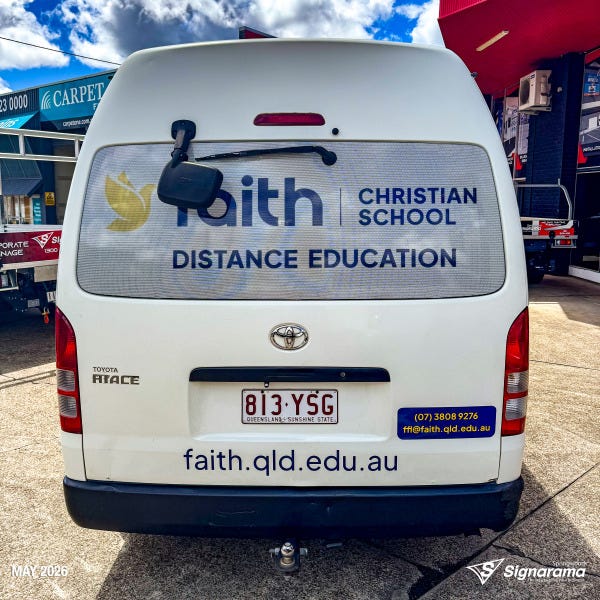 Bus and vehicle graphics designed and installed by Signarama Springwood for Faith Christian School Flexible Learning, including Toyota Coaster buses and a Toyota Hilux with vibrant...