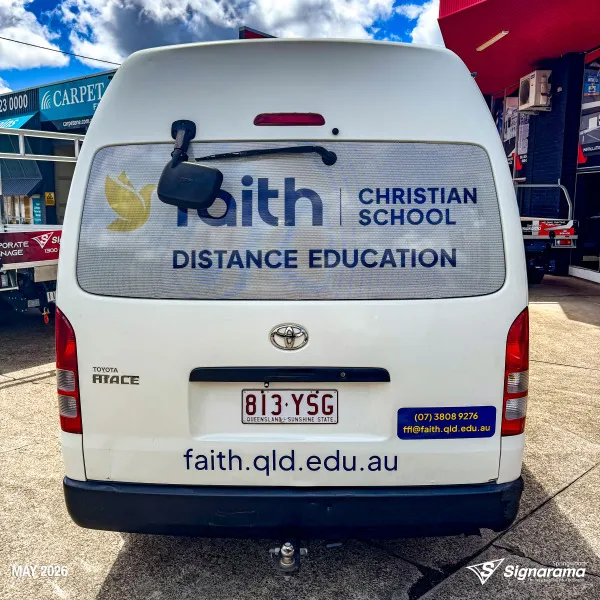 Bus and vehicle graphics designed and installed by Signarama Springwood for Faith Christian School Flexible Learning, including Toyota Coaster buses and a Toyota Hilux with vibrant...