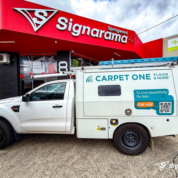 Vehicle graphics designed and installed by Signarama Springwood for Carpet One, featuring bold branding on a work vehicle for mobile advertising