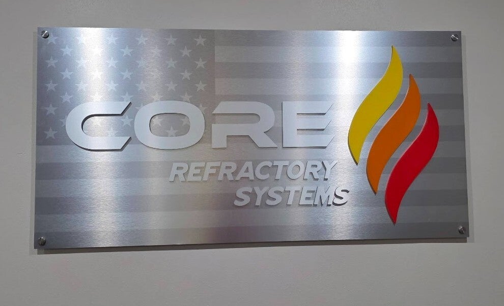 Premium Brushed Metal Lobby Sign for Core Refractory Systems | Custom Corporate Signage in Houston