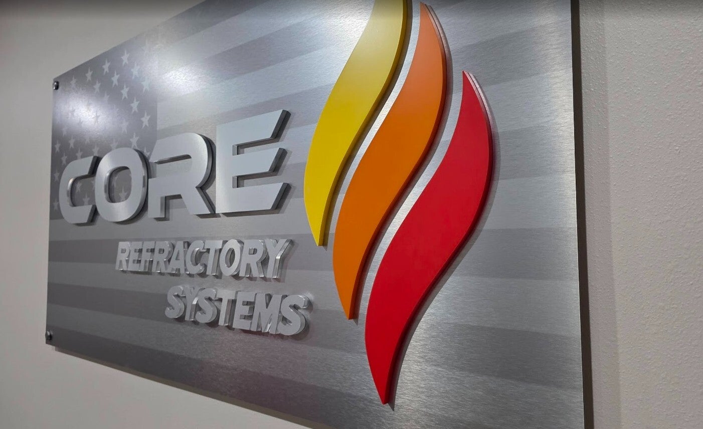 Premium Brushed Metal Lobby Sign for Core Refractory Systems | Custom Corporate Signage in Houston