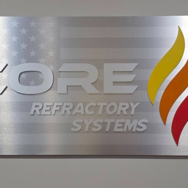 Premium Brushed Metal Lobby Sign for Core Refractory Systems | Custom Corporate Signage in Houston