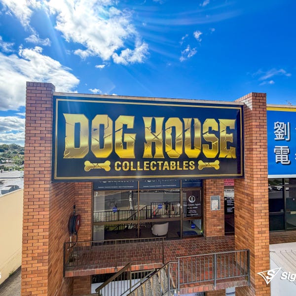 Sailtrack banner and custom window graphics created and installed by Signarama Springwood for Dog House Collectables storefront signage
