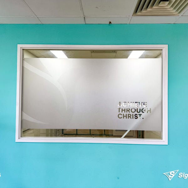 Printed and cut window frosting installed by Signarama Springwood for Faith Christian School featuring custom frosted window graphics for privacy and branding