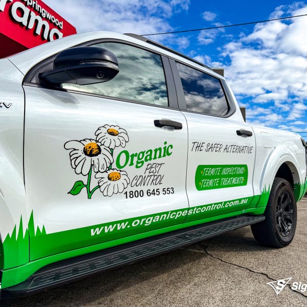 Custom vehicle graphics created and installed by Signarama Springwood for Organic Pest Control work vehicle branding