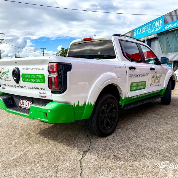 Custom vehicle graphics created and installed by Signarama Springwood for Organic Pest Control work vehicle branding