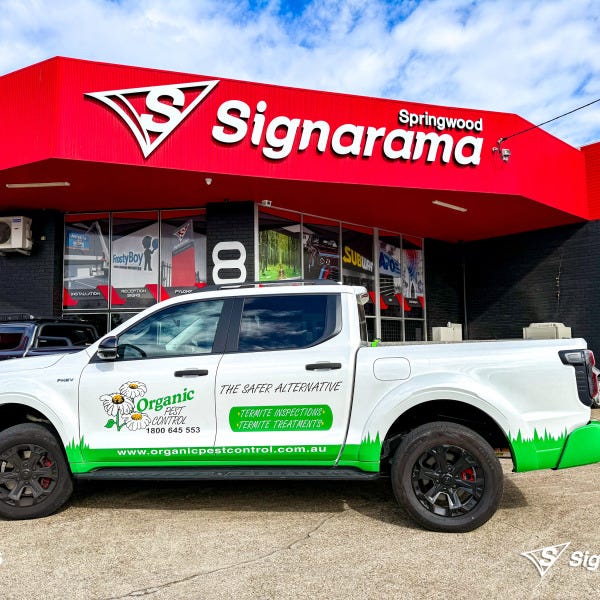 Custom vehicle graphics created and installed by Signarama Springwood for Organic Pest Control work vehicle branding