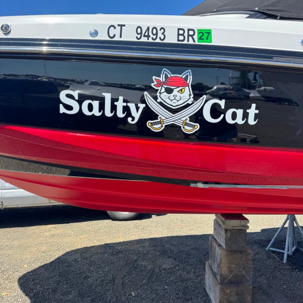 Custom Boat Name Decals & Marine Graphics – Salty Cat Boat Lettering in Connecticut