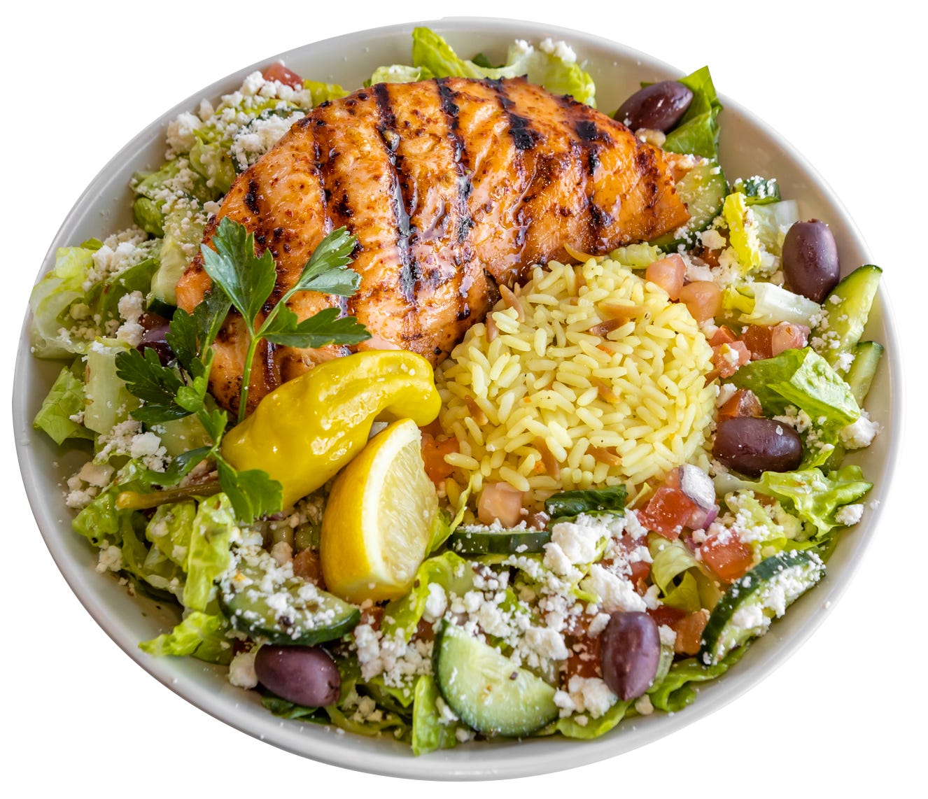 Grilled salmon bowl with Greek salad, rice and feta
