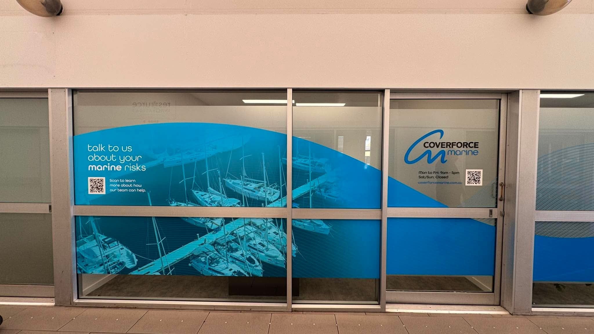 High-Impact Printed Frost Shopfront Signage for Coverforce Partners, Sandgate